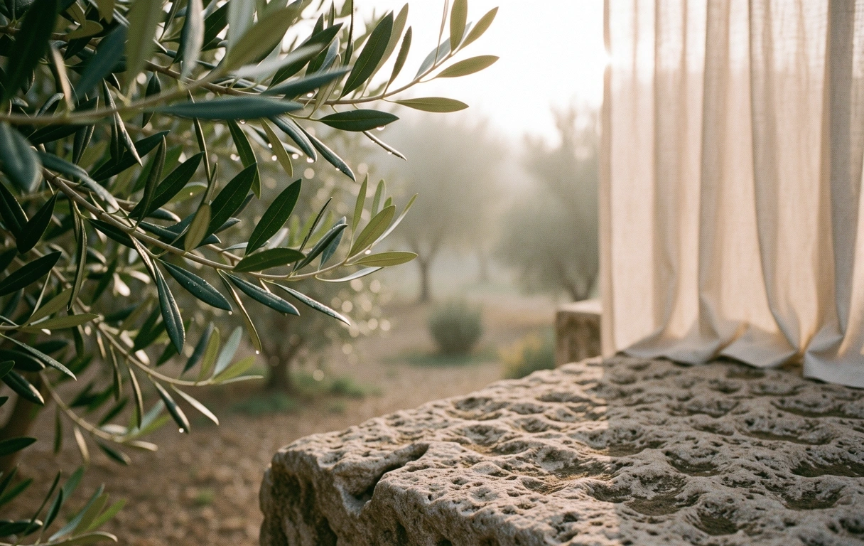 Ulivi all'alba in un giardino mediterraneo